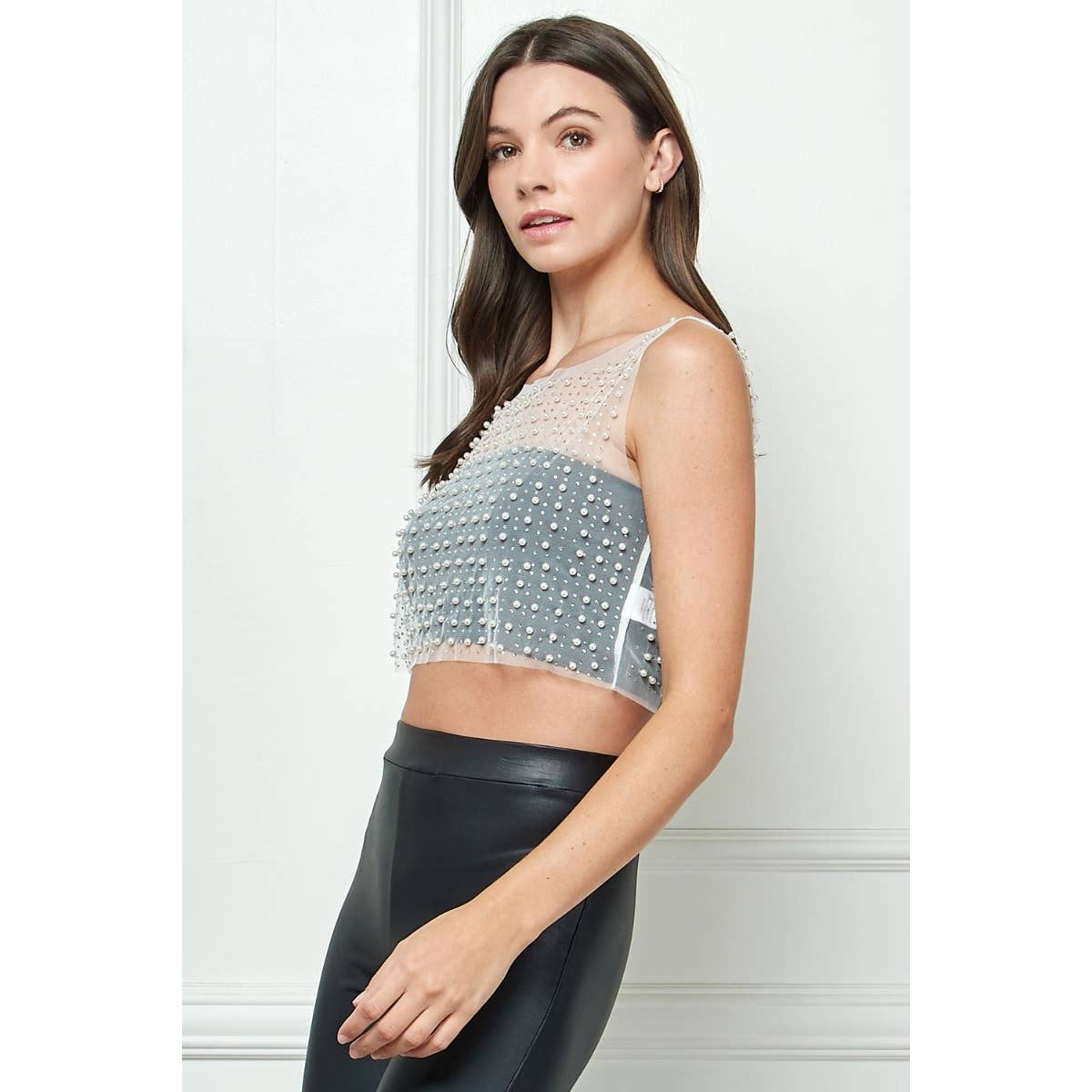 Pearl Trim Sheer Mesh Tank Top