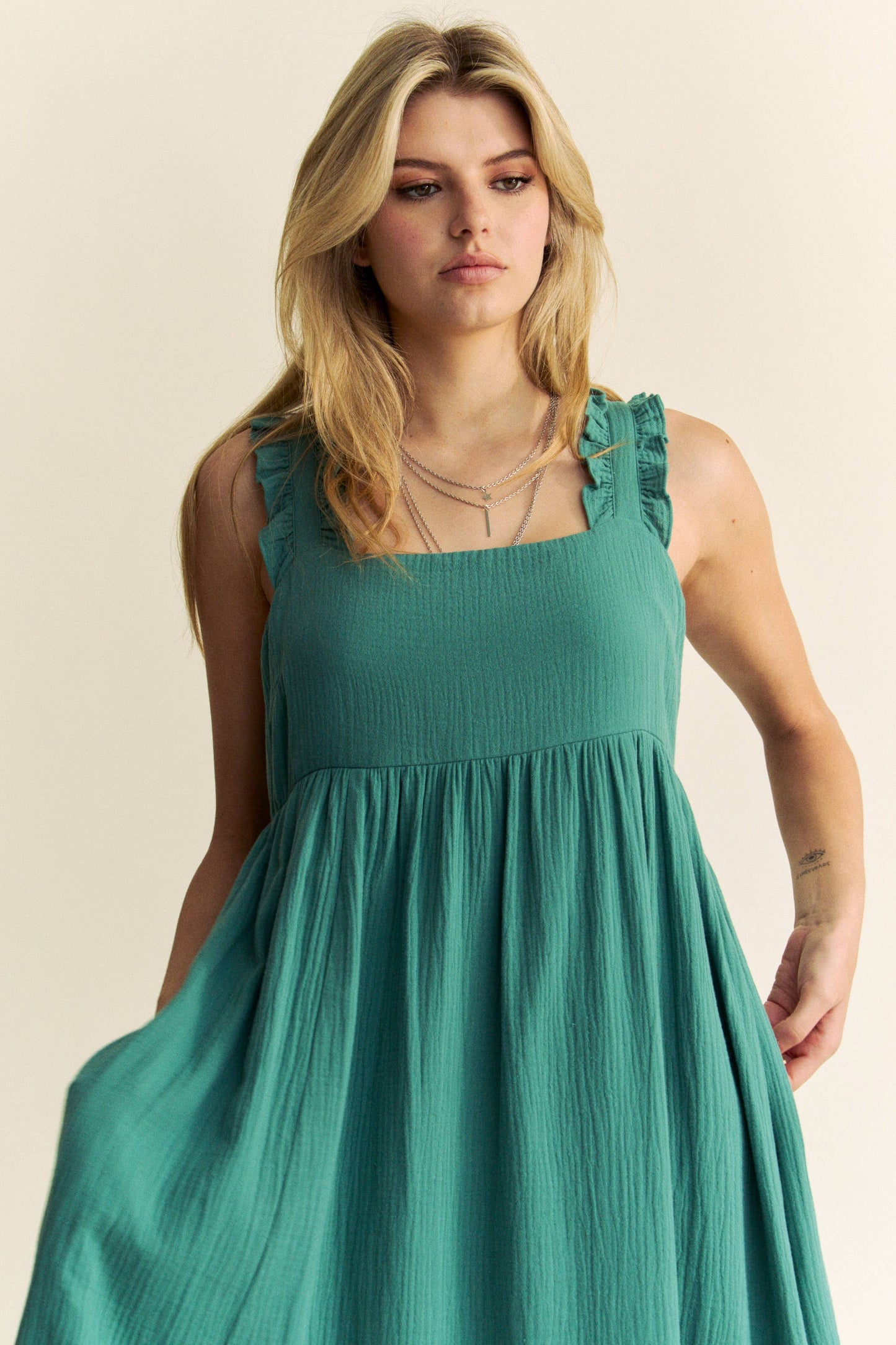 Emerald City Square Neck Tie Back Midi Dress