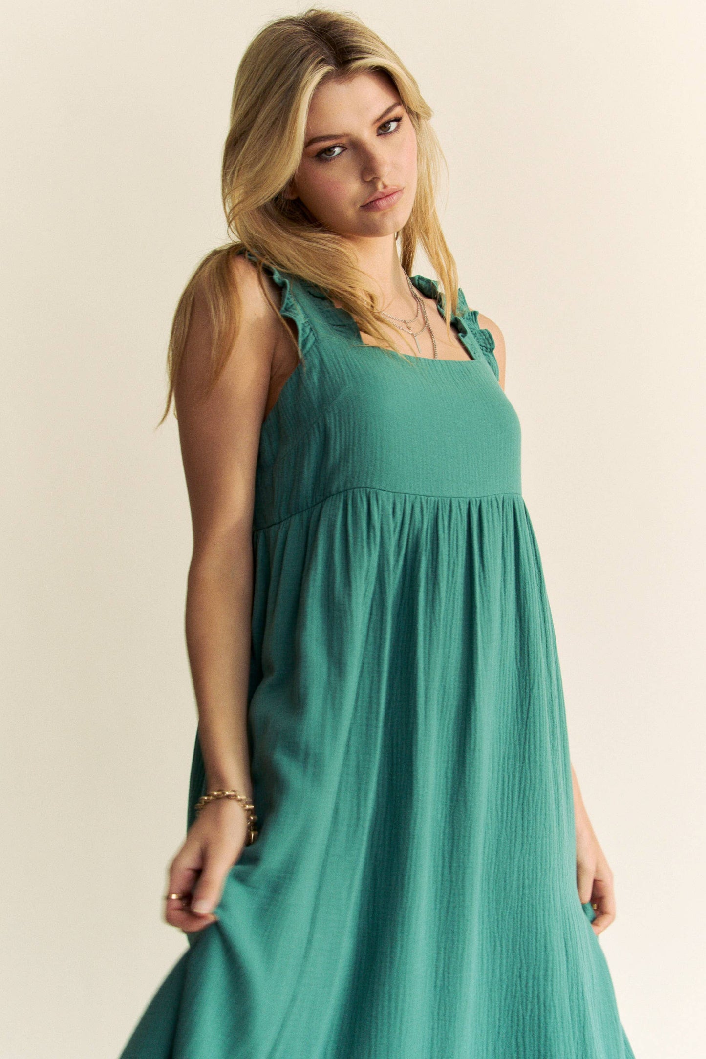 Emerald City Square Neck Tie Back Midi Dress