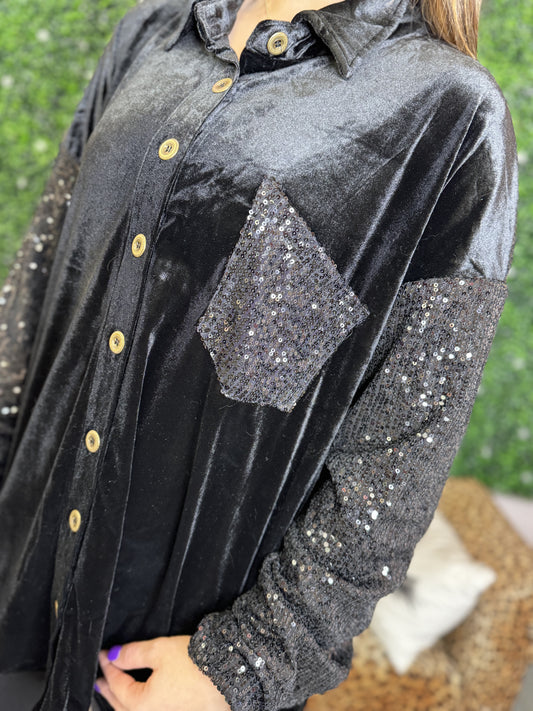 Black Sequin Button Up Long Sleeve