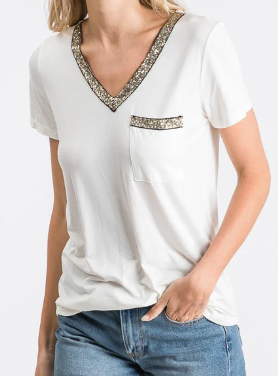 Glitter V Neck Pocket Tee