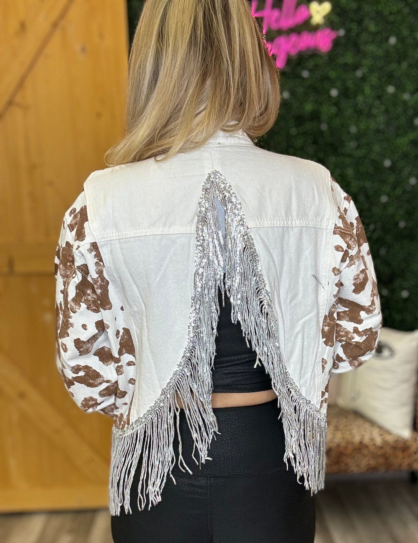 Cow Print with Silver Fringe Open Back Jacket