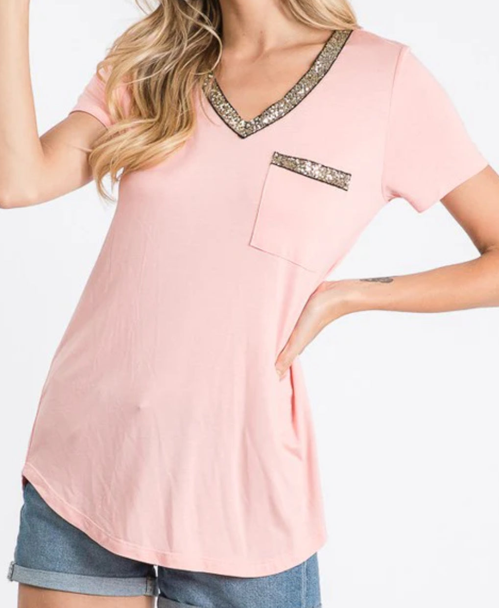 Glitter V Neck Pocket Tee