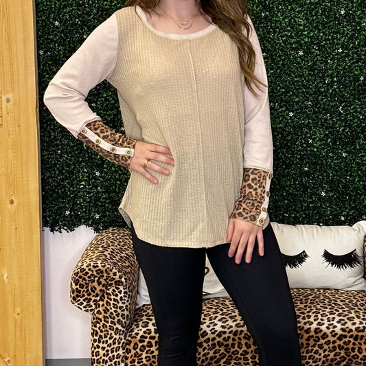 Taupe Waffle Knit with Leopard
