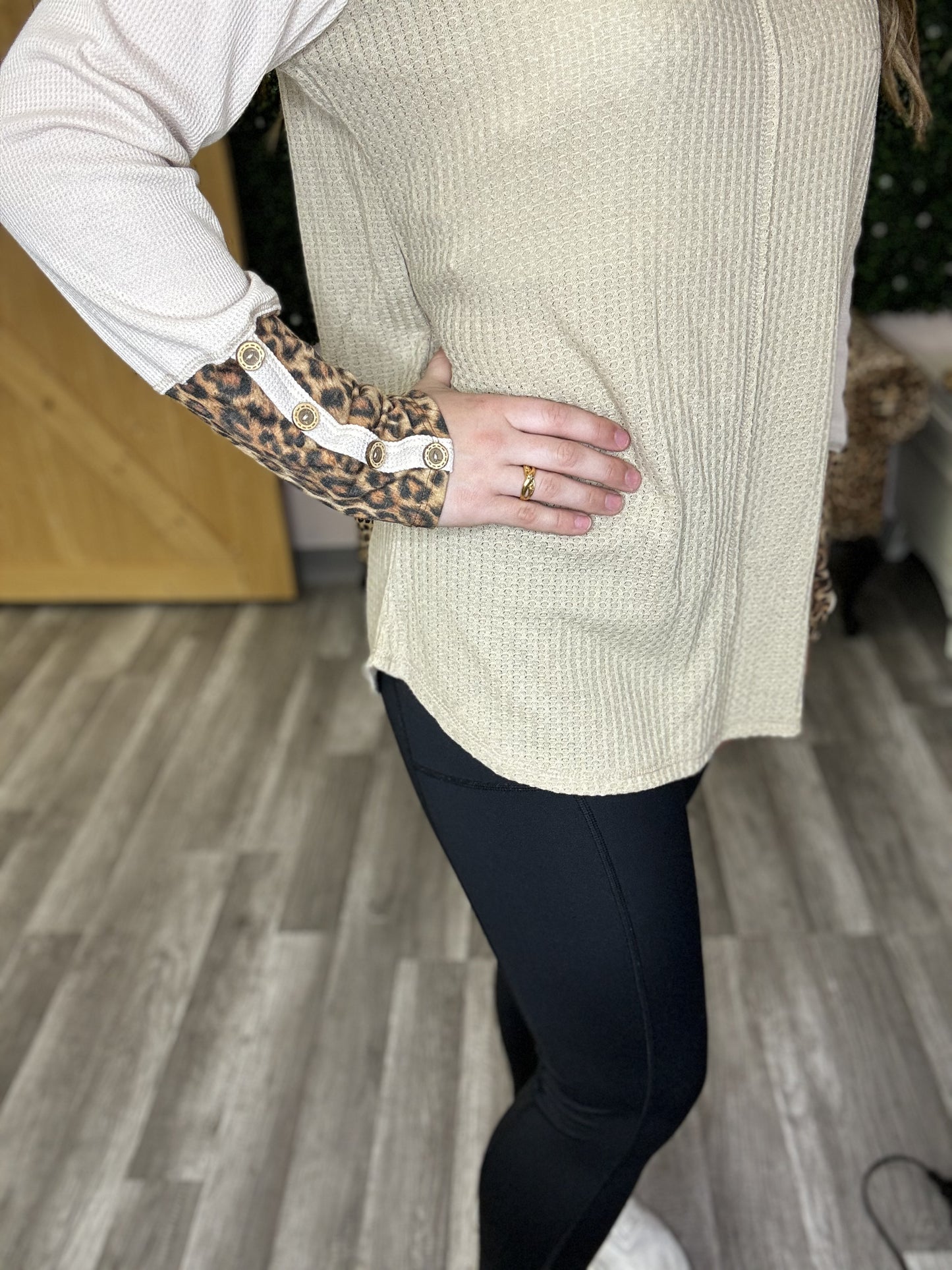 Taupe Waffle Knit with Leopard