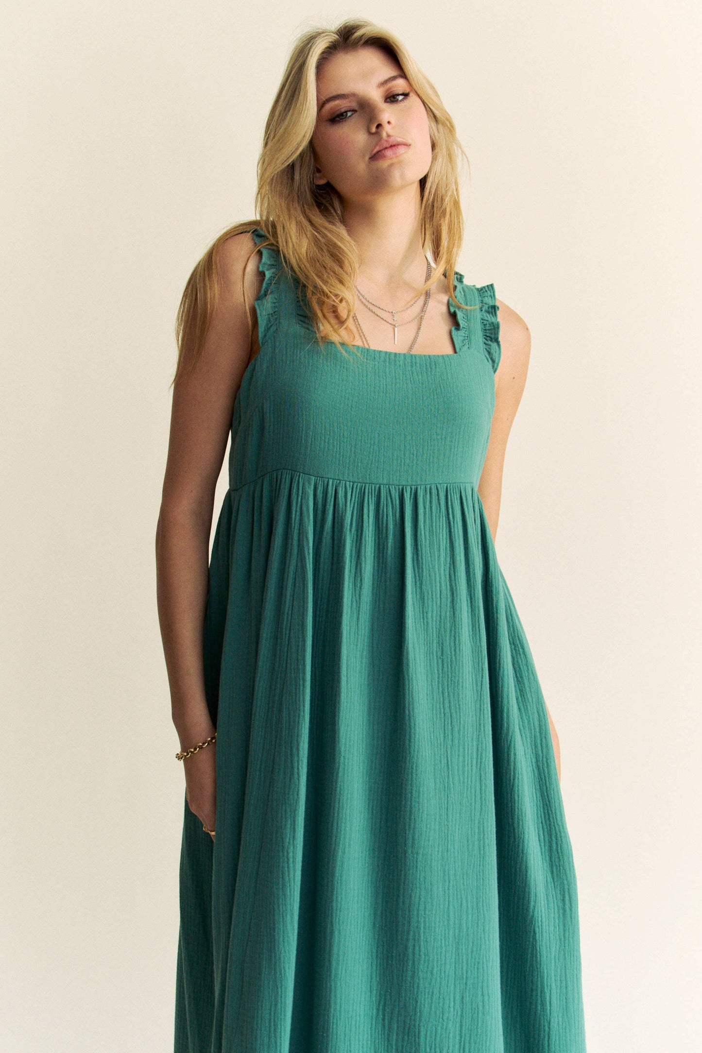 Emerald City Square Neck Tie Back Midi Dress