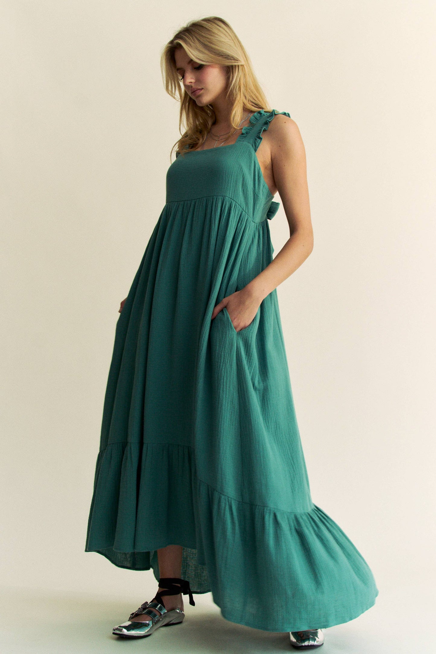 Emerald City Square Neck Tie Back Midi Dress