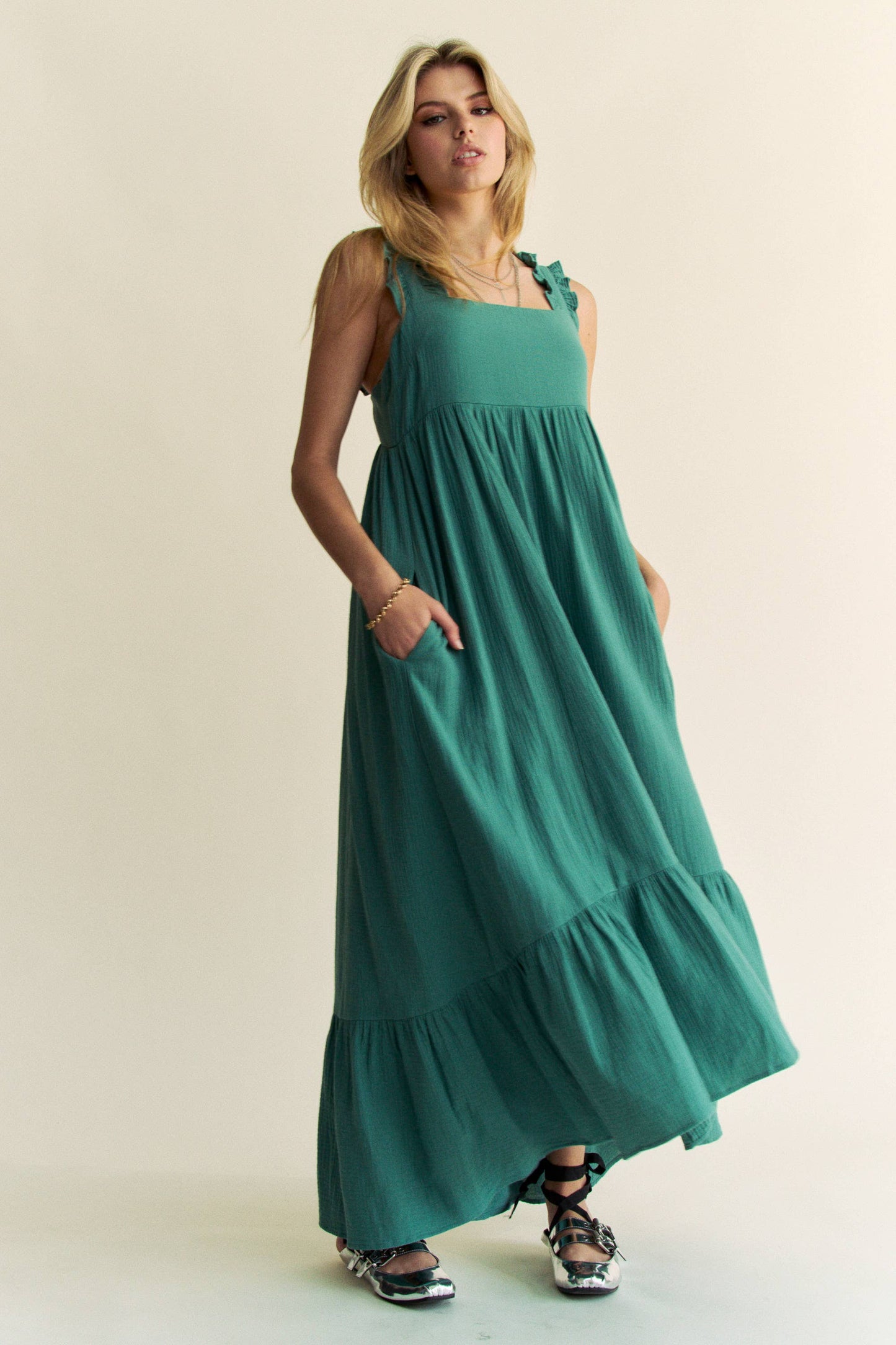 Emerald City Square Neck Tie Back Midi Dress