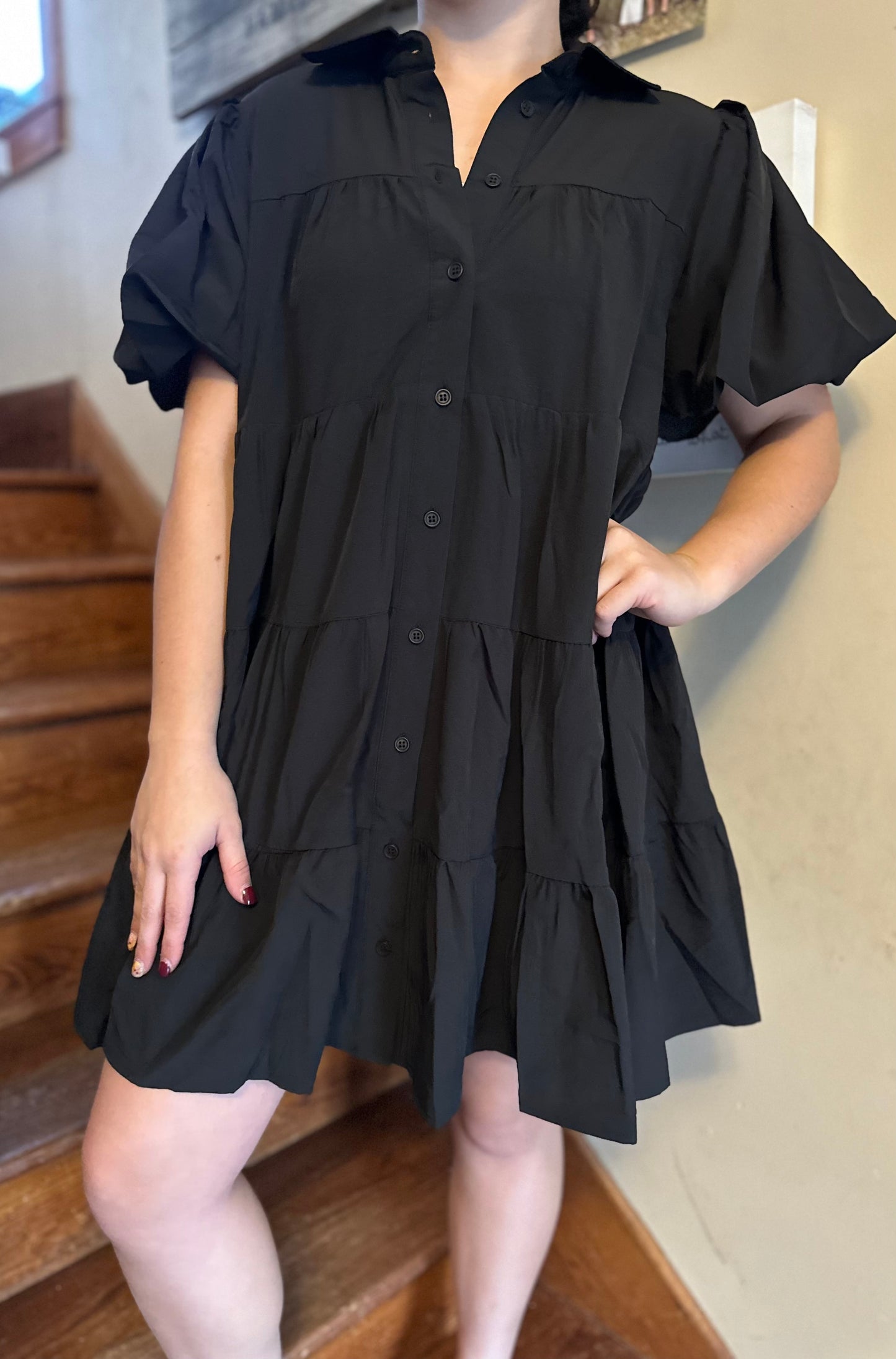 Collared Bubble Sleeve Tiered Dress