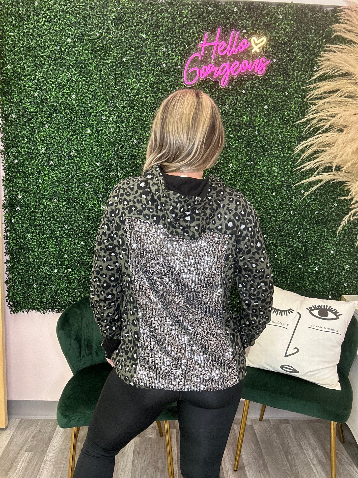 OLIVE LEOPARD AND SEQUIN HOODED LONGSLEEVE